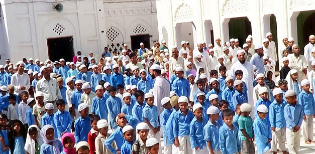 Students assembled before the mosque