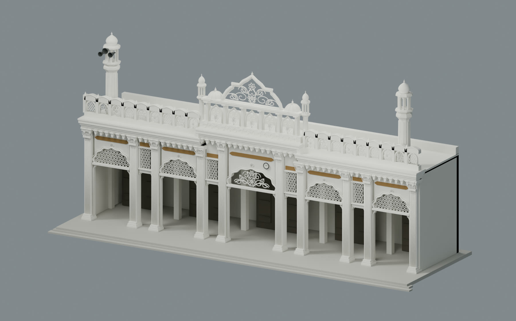 Rendered view of the masjid model showing its ornate white façade, arches and minarets